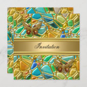 バースデーパーティーバタフライ金ゴールドティール（緑がかった色）ブルーモザイク 招待状 (正面/裏面)