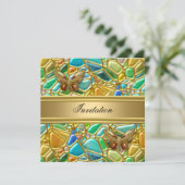 バースデーパーティーバタフライ金ゴールドティール（緑がかった色）ブルーモザイク 招待状 (スタンド正面)