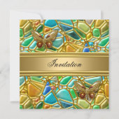 バースデーパーティーバタフライ金ゴールドティール（緑がかった色）ブルーモザイク 招待状 (正面)