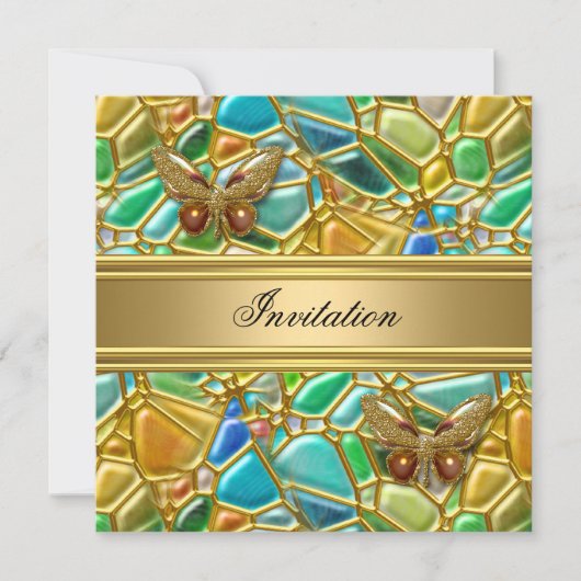 バースデーパーティーバタフライ金ゴールドティール（緑がかった色）ブルーモザイク 招待状 (正面)