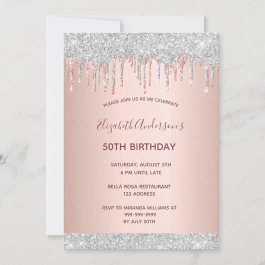 バースデーパーティーバラ金ゴールドシルバーグリッタードリップピンク 招待状 (正面)