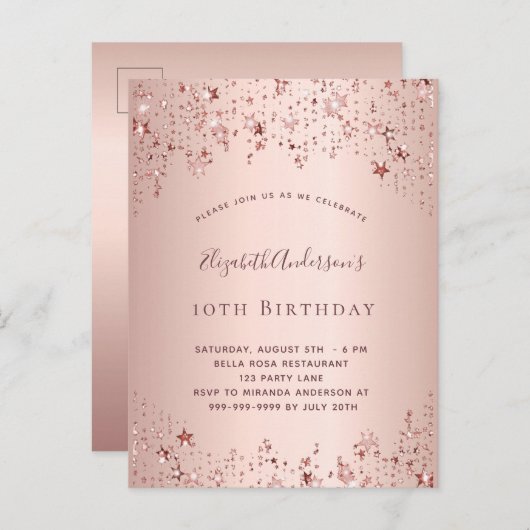 バースデーパーティーバラ金ゴールドスターの振りかけガーリーる インビテーションポストカード (正面/裏面)