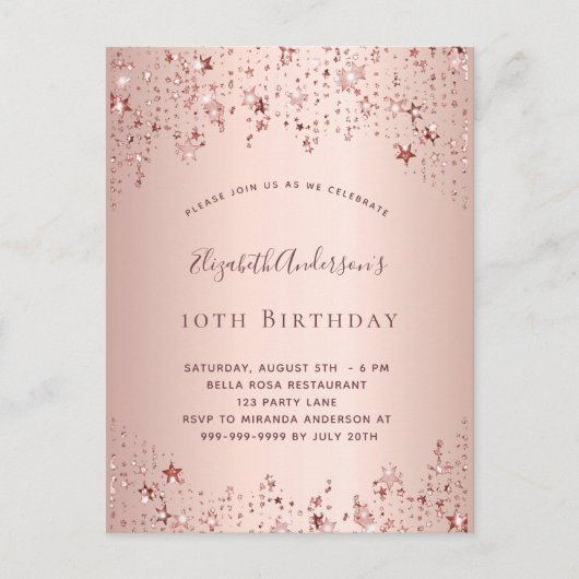 バースデーパーティーバラ金ゴールドスターの振りかけガーリーる インビテーションポストカード (正面)