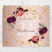 バースデーパーティーバラ金ゴールドスターブルゴーニュ花模様 スパークリングワインラベル (シングルラベル)