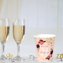 バースデーパーティーバラ金ゴールドブルゴーニュ花模様グリッター 紙コップ