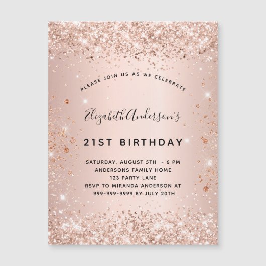 バースデーパーティーバラ金ゴールド赤面グリッターラグジュアリー マグネット招待状 (正面)