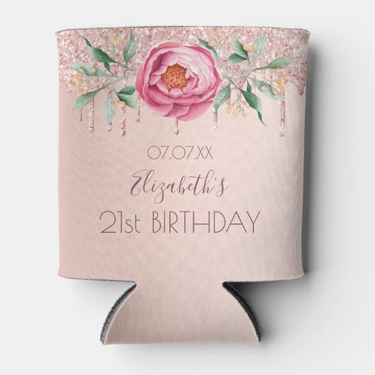 バースデーパーティーバラ金ゴールド赤面ピンクフローラ 缶クーラー (正面)