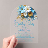 バースデーパーティーパウダーブルー金ゴールドホワイトフローラ アクリル招待状 (インサイチュ (ポータブル))