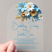 バースデーパーティーパウダーブルー金ゴールドホワイトフローラ アクリル招待状
