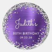 バースデーパーティーパープルシルバーグリッター パーソナライズされた ラウンドシール (正面)