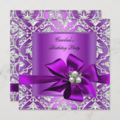 バースデーパーティーパープルシルバーパールダマスク 招待状 (正面/裏面)