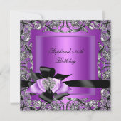 バースデーパーティーパープルシルバーブラックボウ 招待状 (正面)