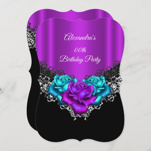 バースデーパーティーパープルピンクティール(緑がかった色)バラレースブラック 招待状 (正面/裏面)