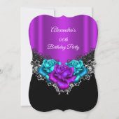 バースデーパーティーパープルピンクティール(緑がかった色)バラレースブラック 招待状 (正面)