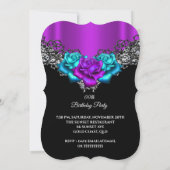 バースデーパーティーパープルピンクティール(緑がかった色)バラレースブラック 招待状 (裏面)