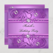 バースデーパーティーパープルピンクパールジュエルフローラ 招待状 (正面/裏面)