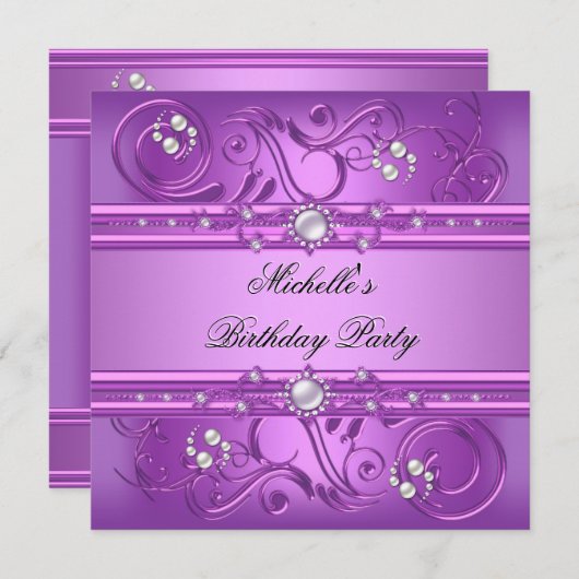 バースデーパーティーパープルピンクパールジュエルフローラ 招待状 (正面/裏面)