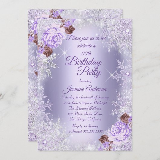 バースデーパーティーパープルフローラウィンターワンダーランド 招待状 (正面/裏面)