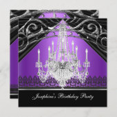 バースデーパーティーパープルブラックシャンデリアシルバー 招待状 (正面/裏面)