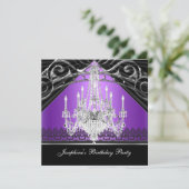 バースデーパーティーパープルブラックシャンデリアシルバー 招待状 (スタンド正面)