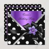 バースデーパーティーパープルブラック水玉模様 招待状 (正面/裏面)