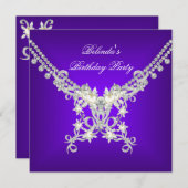 バースデーパーティーパープルホワイトシルバーパールジュエル 招待状 (正面/裏面)