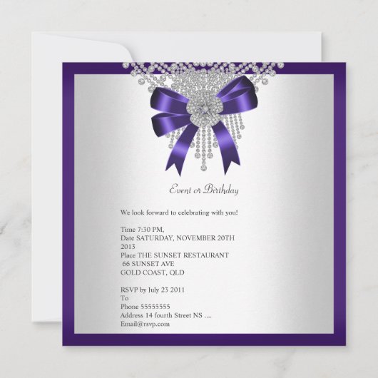 バースデーパーティーパープルボウシルバーホワイトダイヤモンド 招待状 (裏面)