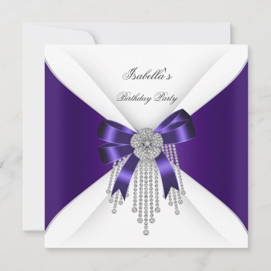バースデーパーティーパープルボウシルバーホワイトダイヤモンド 招待状 (正面)