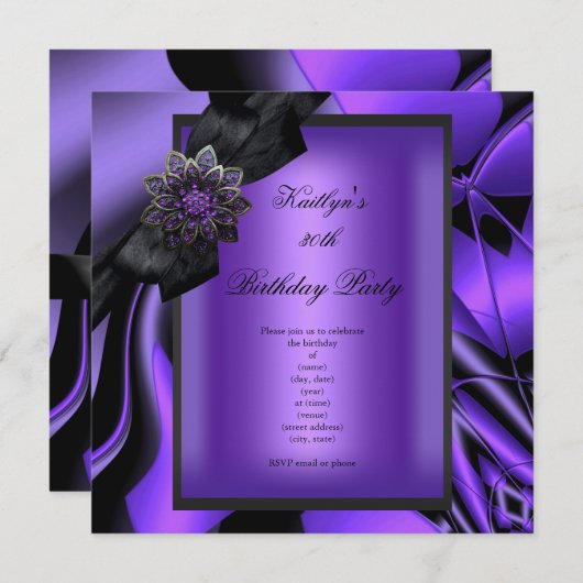 バースデーパーティーパープル抽象芸術ジュエルブラックボウ 招待状 (正面/裏面)