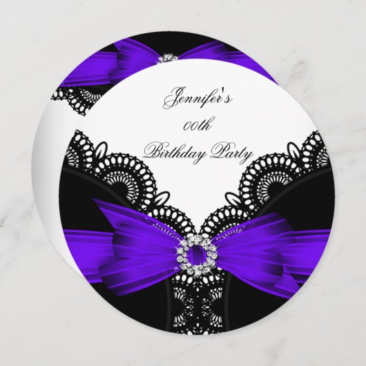 バースデーパーティーパープル白黒レースダイヤモンドトップ 招待状 (正面/裏面)