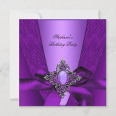 バースデーパーティーパープル薄紫シルバージュエルボウ2 招待状 (正面)