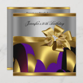 バースデーパーティーパープル金ゴールドシルバーグレー抽象芸術 招待状 (正面/裏面)
