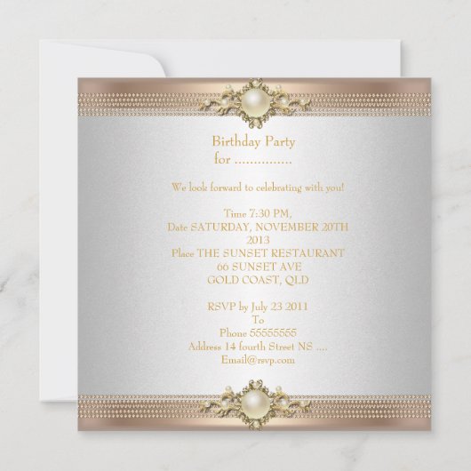 バースデーパーティーパールコーヒークリーム金ゴールド 招待状 (裏面)