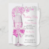 バースデーパーティーピンクかわいらしローズシャンパン 招待状 (正面)