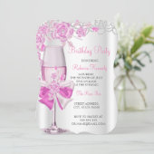 バースデーパーティーピンクかわいらしローズシャンパン 招待状 (スタンド正面)