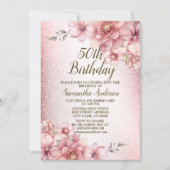 バースデーパーティーピンクウォーターカラーフラワーズグリッター 招待状 (正面)