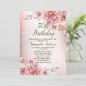 バースデーパーティーピンクウォーターカラーフラワーズグリッター 招待状 (スタンド正面)
