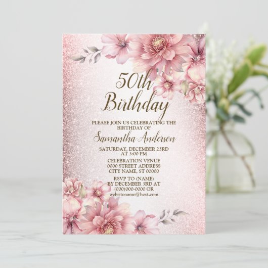 バースデーパーティーピンクウォーターカラーフラワーズグリッター 招待状 (スタンド正面)