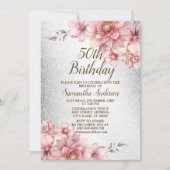 バースデーパーティーピンクウォーターカラーフラワーズグリッター 招待状 (正面)