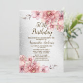 バースデーパーティーピンクウォーターカラーフラワーズグリッター 招待状 (スタンド正面)