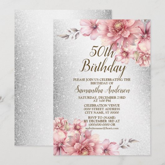 バースデーパーティーピンクウォーターカラーフラワーズグリッター 招待状 (正面/裏面)