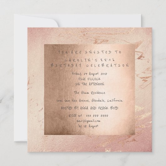 バースデーパーティーピンクグラムパウダー金ゴールド赤面 招待状 (正面)