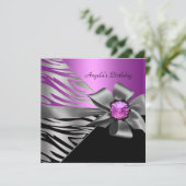 バースデーパーティーピンクシルバーゼブラブラックグレーボウ 招待状 (スタンド正面)