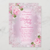 バースデーパーティーピンクフローラウィンターワンダーランド 招待状 (正面/裏面)
