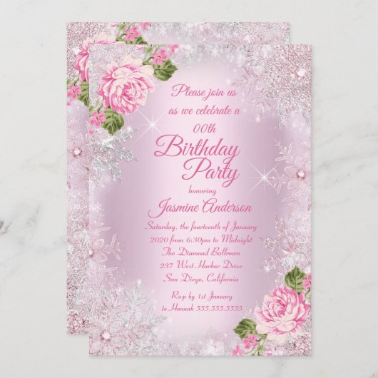 バースデーパーティーピンクフローラウィンターワンダーランド 招待状 (正面/裏面)