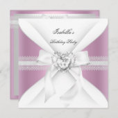 バースデーパーティーピンクホワイトダイヤモンドハートボウ 招待状 (正面/裏面)