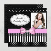 バースデーパーティーピンクボウ白黒水玉模様 招待状 (正面/裏面)