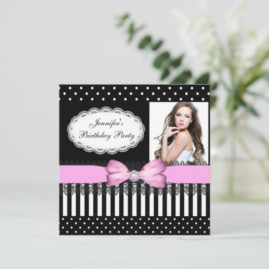バースデーパーティーピンクボウ白黒水玉模様 招待状 (スタンド正面)