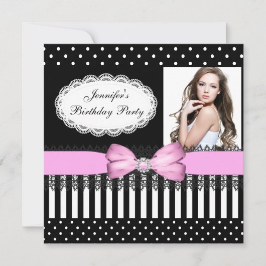 バースデーパーティーピンクボウ白黒水玉模様 招待状 (正面)