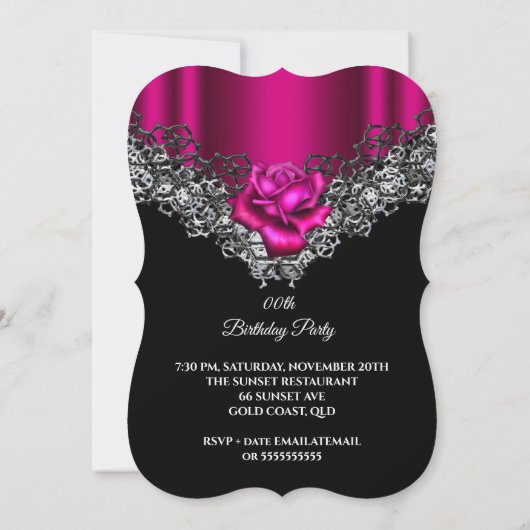 バースデーパーティーピンクローズレースブラックシルバー 招待状 (裏面)